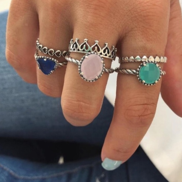 Jewelry - Heart Band Gemstone Silver Boho Gypsy Midi Rings